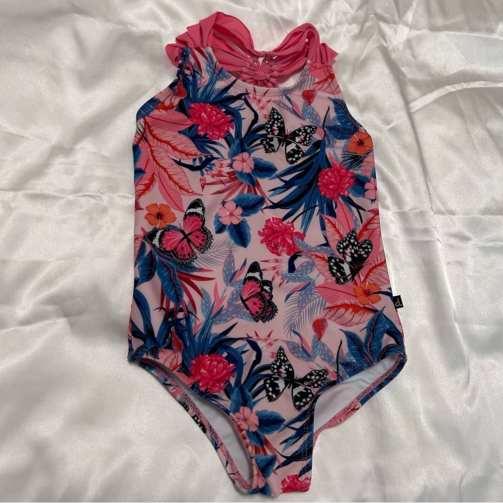 DEUX PAR DEUX ONE PIECE SWIM SUIT SIZE  5/6 FLORAL BUTTERFLIES PINK BLUE ORANGE